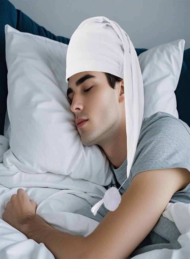 cnomg 2pcs Men's Night Sleeping Cap Adjustable Pajama Cap with Pom Ball and Tassel Women Daily Use (US, Alpha, Medium, White,white) - Image 4